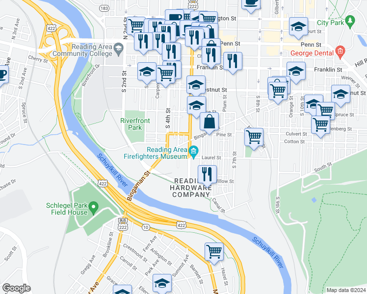 map of restaurants, bars, coffee shops, grocery stores, and more near 442 Bingaman Street in Reading