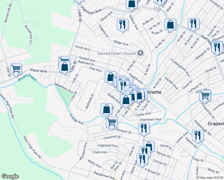 map of restaurants, bars, coffee shops, grocery stores, and more near 800 Clay Avenue in Jeannette
