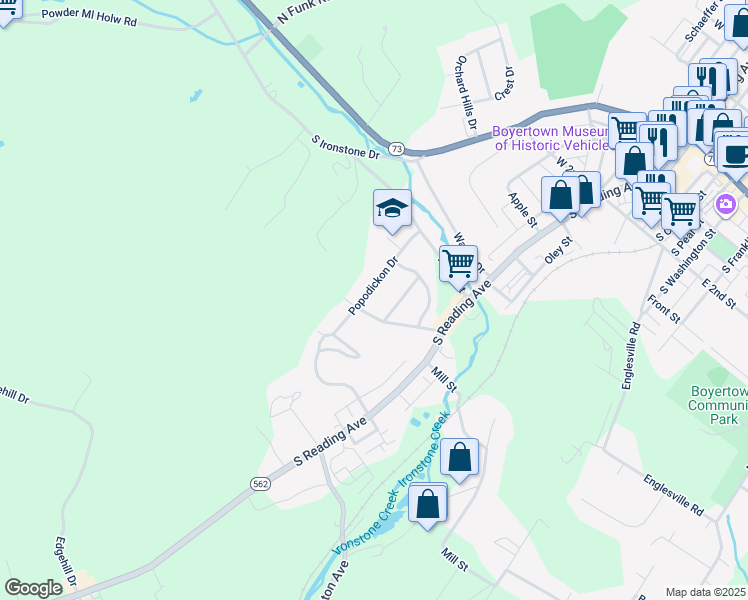 map of restaurants, bars, coffee shops, grocery stores, and more near 86 Popodickon Drive in Boyertown
