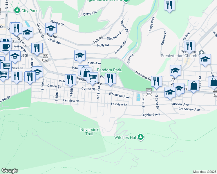 map of restaurants, bars, coffee shops, grocery stores, and more near 1823 Perkiomen Avenue in Reading