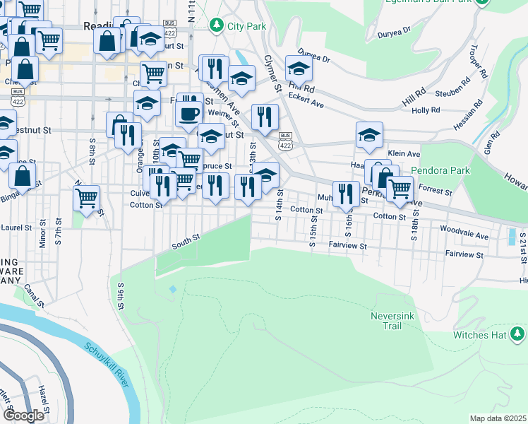 map of restaurants, bars, coffee shops, grocery stores, and more near 421 South 13th Street in Reading