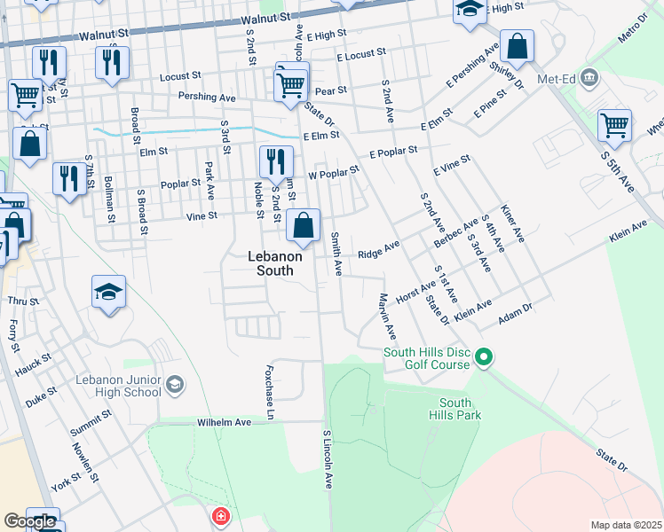 map of restaurants, bars, coffee shops, grocery stores, and more near 805 Smith Avenue in Lebanon