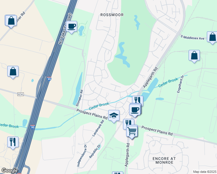 map of restaurants, bars, coffee shops, grocery stores, and more near 371A New Bedford Lane in Monroe Township