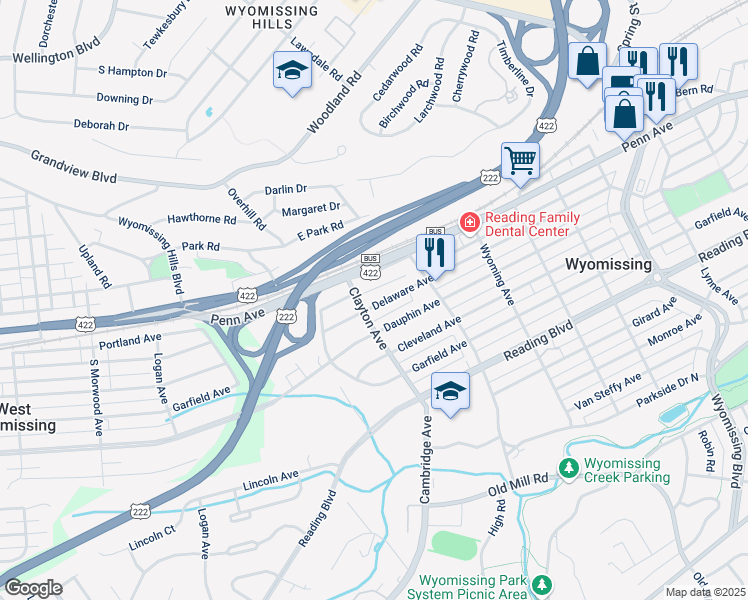 map of restaurants, bars, coffee shops, grocery stores, and more near 1647 Delaware Avenue in Wyomissing