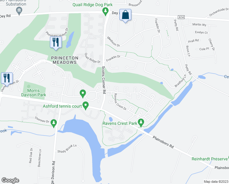 map of restaurants, bars, coffee shops, grocery stores, and more near 2139 Ravens Crest Drive in Princeton Meadows