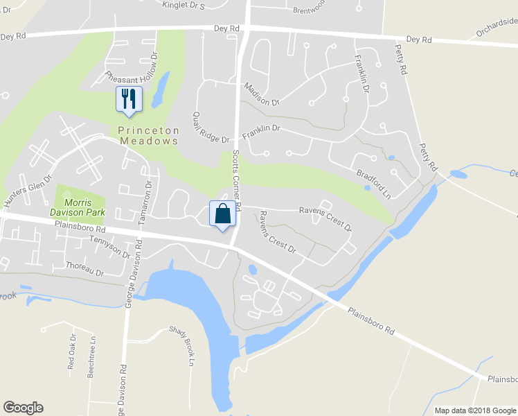 map of restaurants, bars, coffee shops, grocery stores, and more near 2224 Ravens Crest Drive in Plainsboro Township