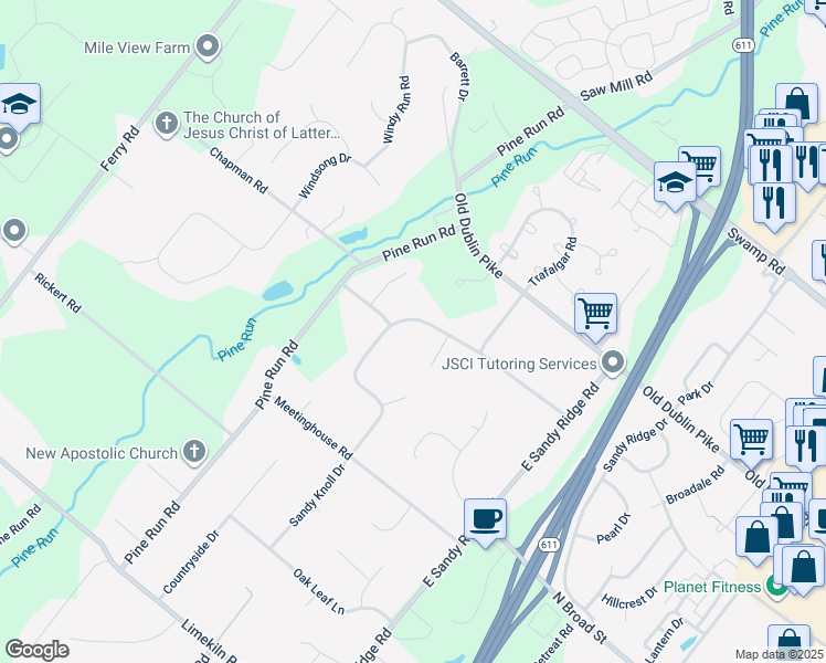map of restaurants, bars, coffee shops, grocery stores, and more near 138 Sandy Knoll Drive in Doylestown