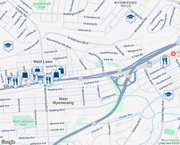 map of restaurants, bars, coffee shops, grocery stores, and more near 4 Northfield Road in Reading