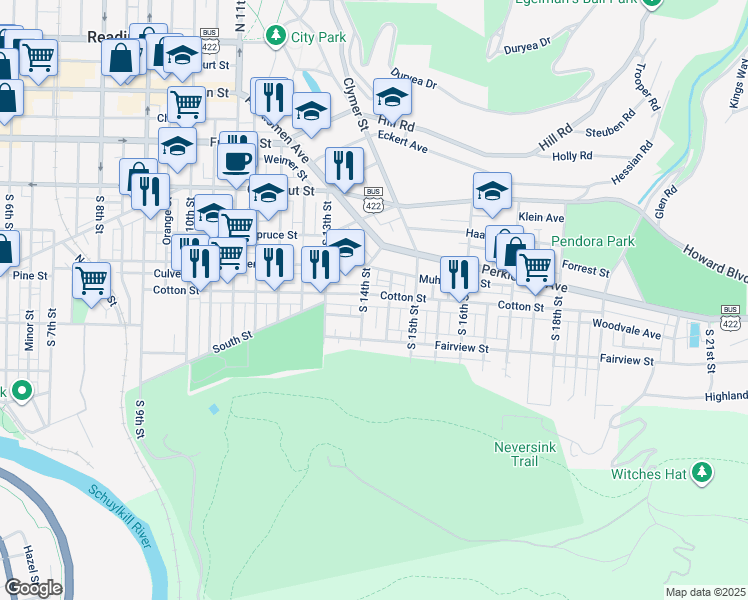 map of restaurants, bars, coffee shops, grocery stores, and more near 1410 Cotton Street in Reading