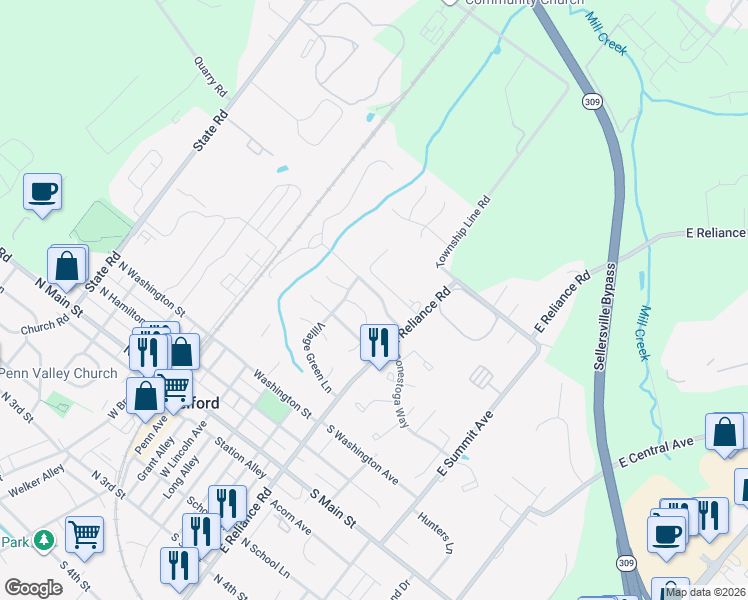 map of restaurants, bars, coffee shops, grocery stores, and more near 411 Village Green Lane in Telford