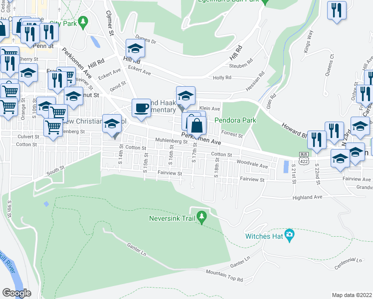 map of restaurants, bars, coffee shops, grocery stores, and more near 1653 Cotton Street in Reading