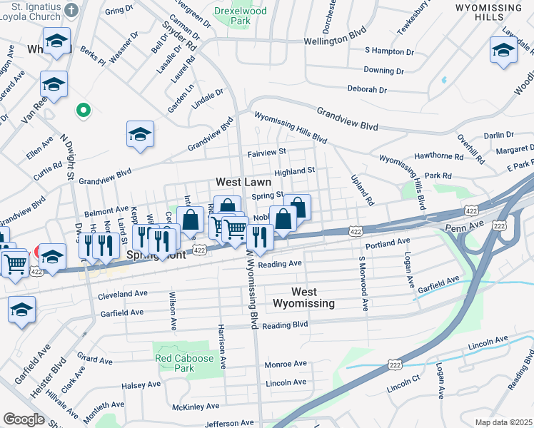 map of restaurants, bars, coffee shops, grocery stores, and more near in West Lawn