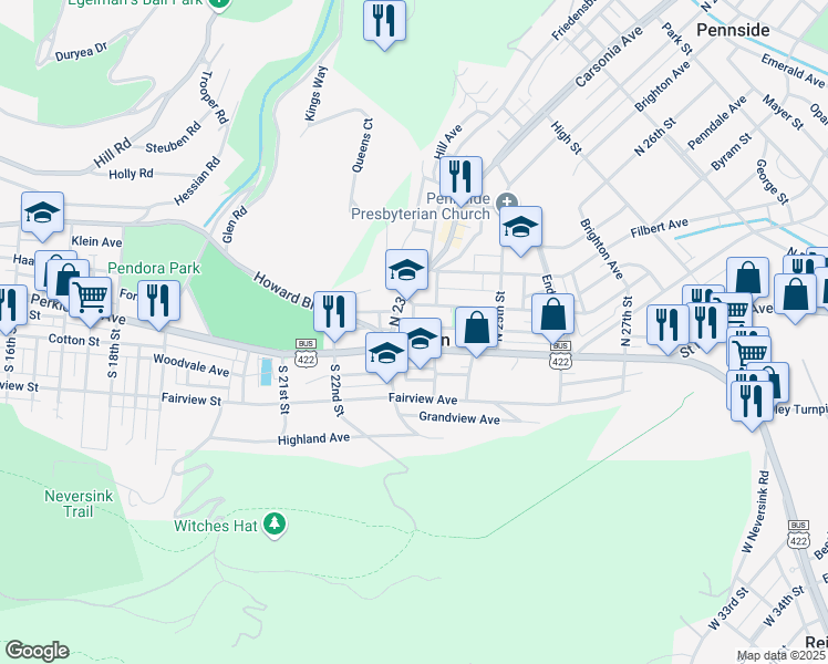 map of restaurants, bars, coffee shops, grocery stores, and more near 2318 Grant Street in Mount Penn