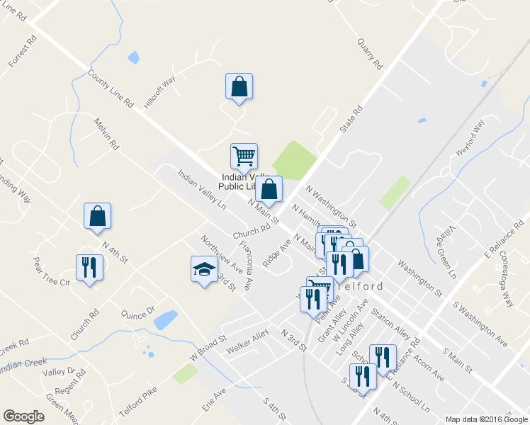 map of restaurants, bars, coffee shops, grocery stores, and more near 410 Main Street in Telford