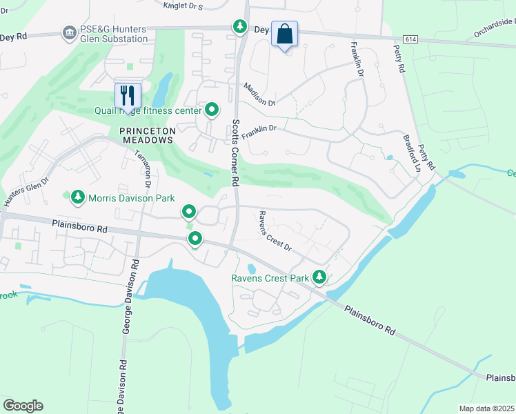 map of restaurants, bars, coffee shops, grocery stores, and more near 1805 Ravens Crest Drive in Plainsboro Township
