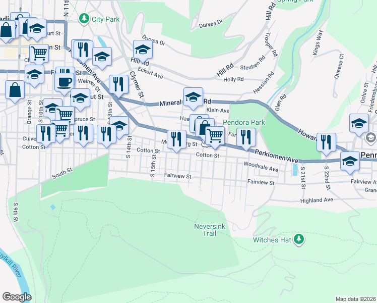 map of restaurants, bars, coffee shops, grocery stores, and more near 1631 Cotton Street in Reading