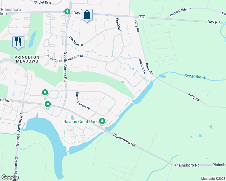 map of restaurants, bars, coffee shops, grocery stores, and more near 1905 Ravens Crest Drive in Plainsboro Township