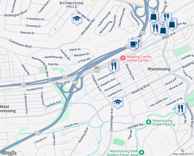 map of restaurants, bars, coffee shops, grocery stores, and more near 1651 Delaware Avenue in Wyomissing