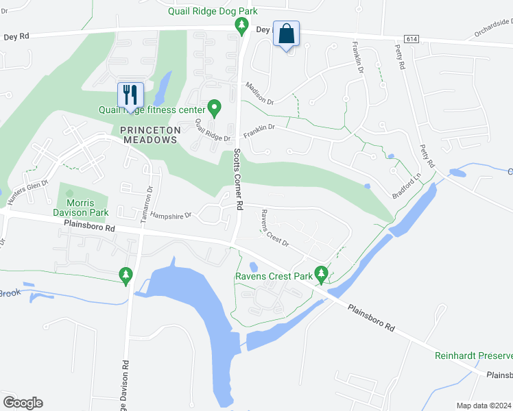 map of restaurants, bars, coffee shops, grocery stores, and more near 1277 Ravens Crest Drive in Princeton Meadows