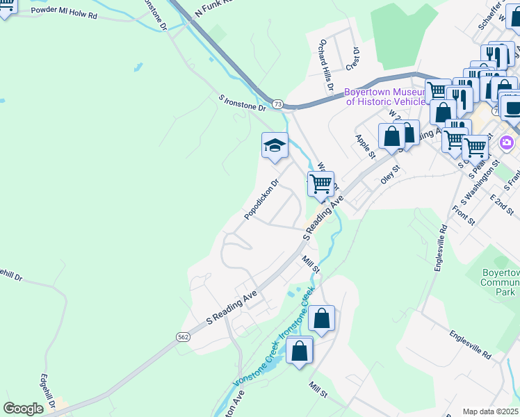 map of restaurants, bars, coffee shops, grocery stores, and more near 86 Popodickon Drive in Boyertown