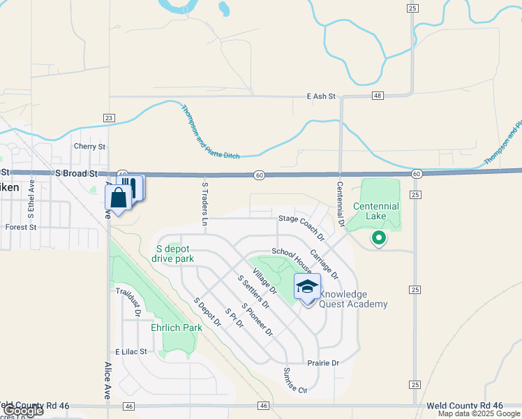 map of restaurants, bars, coffee shops, grocery stores, and more near 2300 Brookstone Drive in Milliken