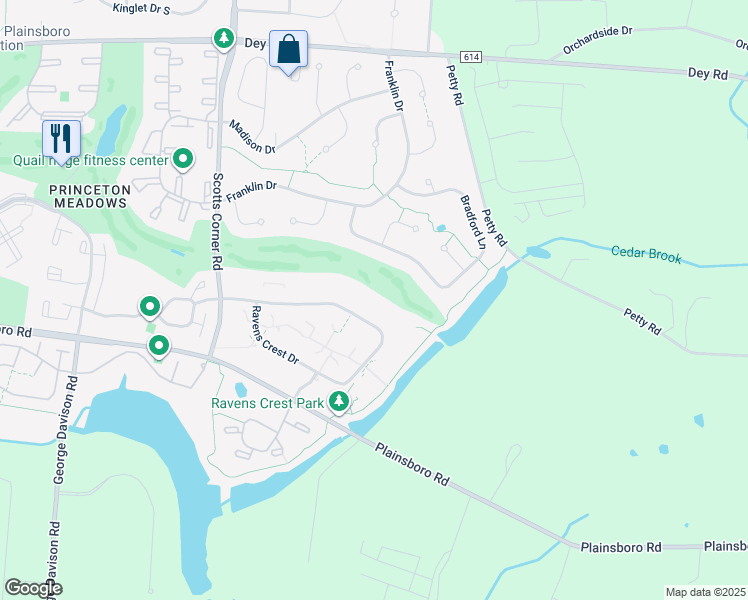 map of restaurants, bars, coffee shops, grocery stores, and more near 2224 Ravens Crest Drive in Princeton Meadows