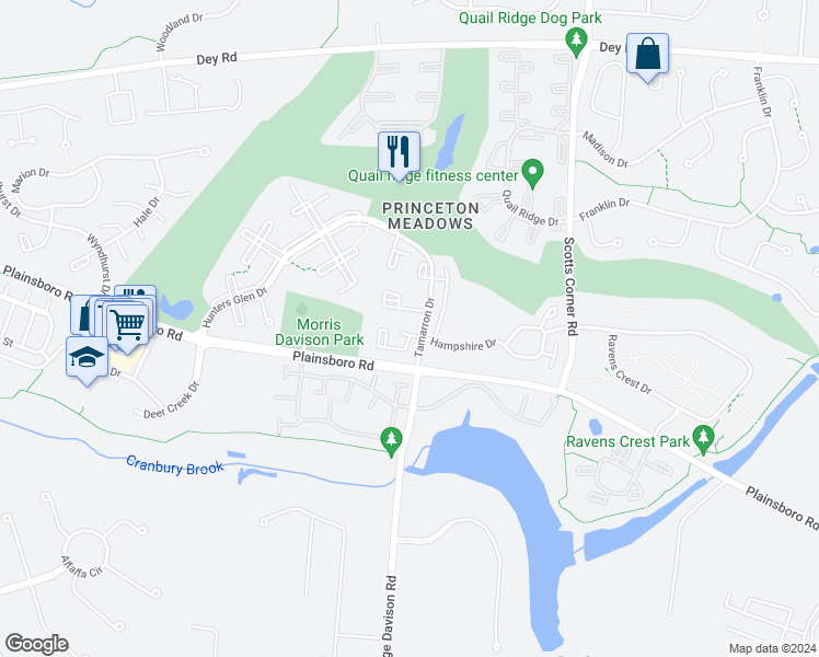 map of restaurants, bars, coffee shops, grocery stores, and more near 7803 Tamarron Drive in Princeton Meadows