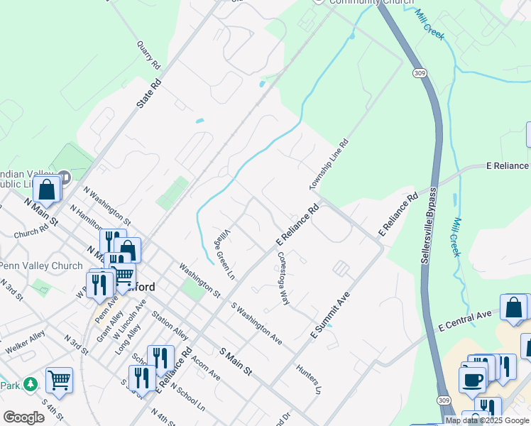 map of restaurants, bars, coffee shops, grocery stores, and more near 411 Village Green Lane in Telford