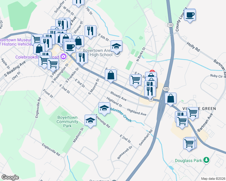 map of restaurants, bars, coffee shops, grocery stores, and more near 536 East Philadelphia Avenue in Boyertown