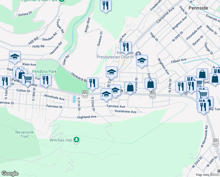 map of restaurants, bars, coffee shops, grocery stores, and more near 2306 Cumberland Avenue in Mount Penn