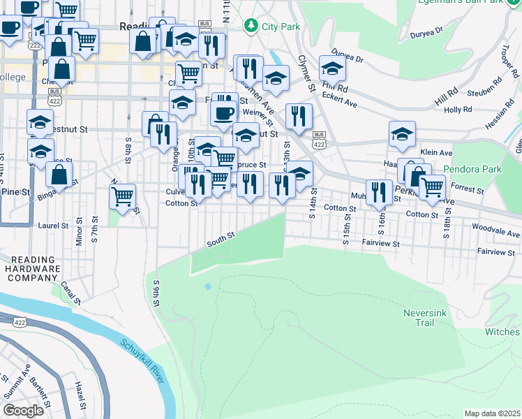 map of restaurants, bars, coffee shops, grocery stores, and more near 1222 Cotton Street in Reading