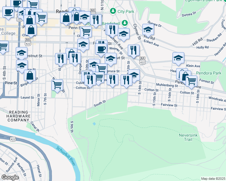 map of restaurants, bars, coffee shops, grocery stores, and more near 421 Wunder Street in Reading
