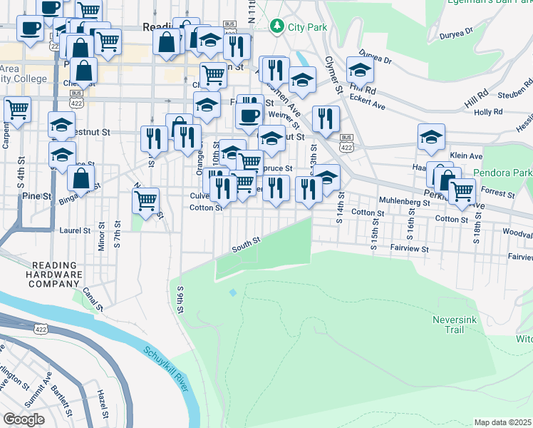 map of restaurants, bars, coffee shops, grocery stores, and more near 1136 Cotton Street in Reading