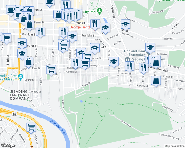 map of restaurants, bars, coffee shops, grocery stores, and more near 421 Wunder Street in Reading