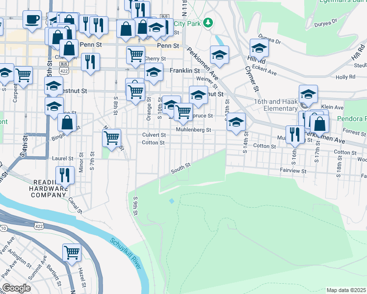 map of restaurants, bars, coffee shops, grocery stores, and more near in Reading
