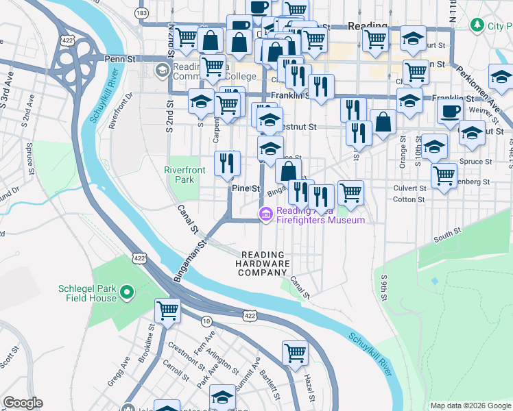 map of restaurants, bars, coffee shops, grocery stores, and more near 438 Pine Street in Reading