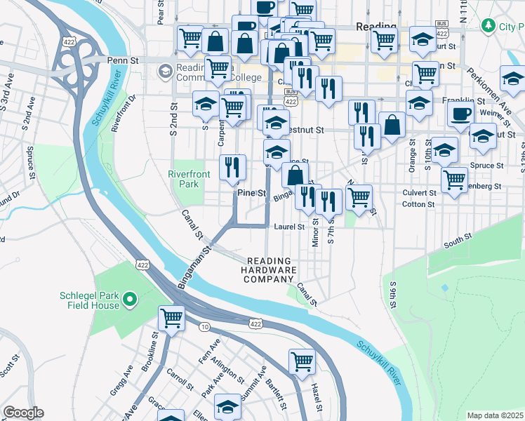 map of restaurants, bars, coffee shops, grocery stores, and more near 438 Pine Street in Reading