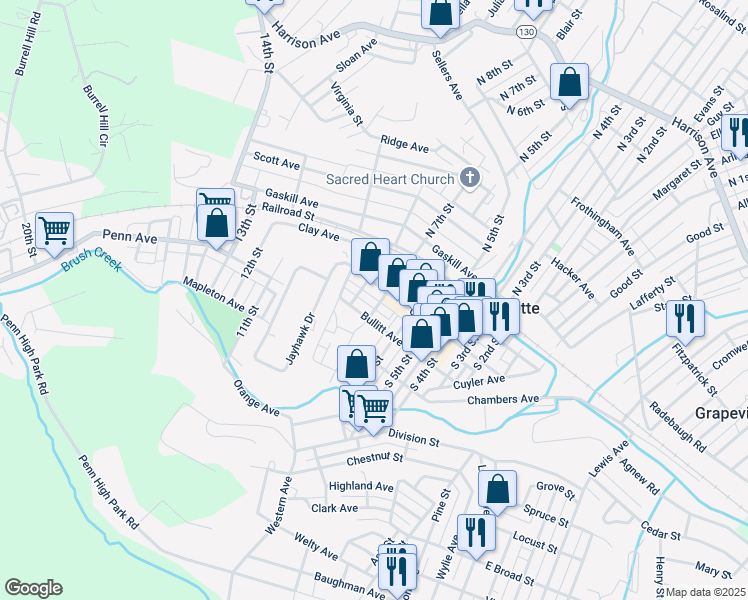 map of restaurants, bars, coffee shops, grocery stores, and more near 800 Clay Avenue in Jeannette