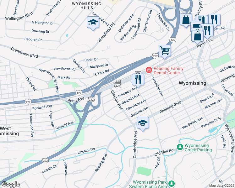 map of restaurants, bars, coffee shops, grocery stores, and more near 1651 Delaware Avenue in Wyomissing