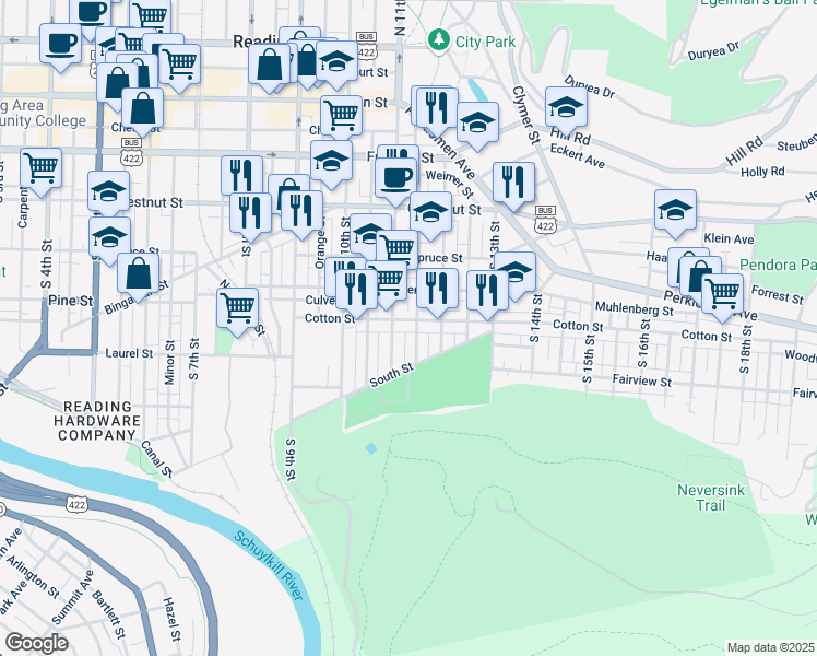 map of restaurants, bars, coffee shops, grocery stores, and more near in Reading