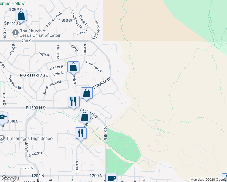 map of restaurants, bars, coffee shops, grocery stores, and more near 1725 Oakcrest Drive in Orem