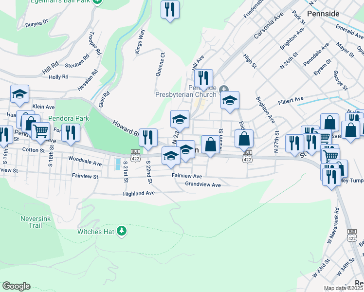 map of restaurants, bars, coffee shops, grocery stores, and more near 2318 Grant Street in Mount Penn
