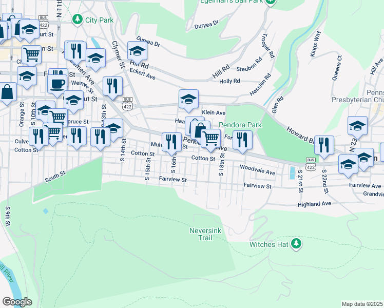 map of restaurants, bars, coffee shops, grocery stores, and more near 1659 Cotton Street in Reading
