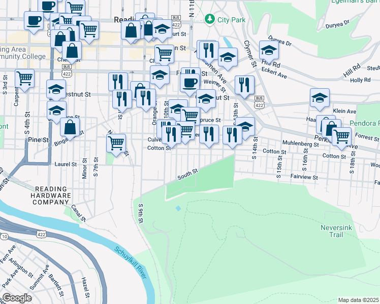 map of restaurants, bars, coffee shops, grocery stores, and more near 418 South 11th Street in Reading