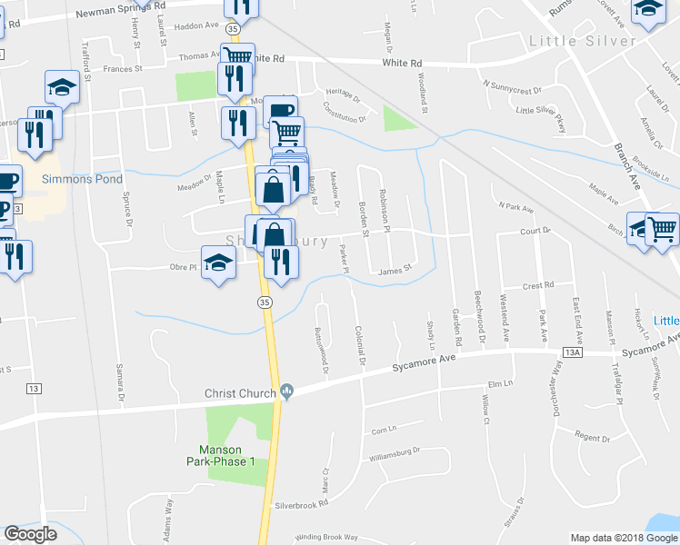 map of restaurants, bars, coffee shops, grocery stores, and more near 48 Parker Place in Shrewsbury