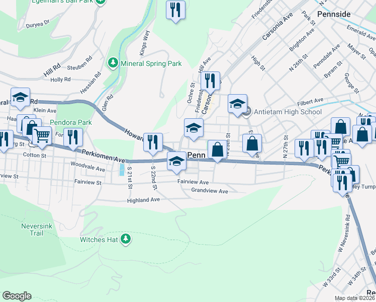 map of restaurants, bars, coffee shops, grocery stores, and more near 2306 Cumberland Avenue in Mount Penn