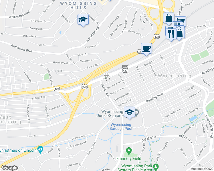 map of restaurants, bars, coffee shops, grocery stores, and more near 1647 Delaware Avenue in Wyomissing