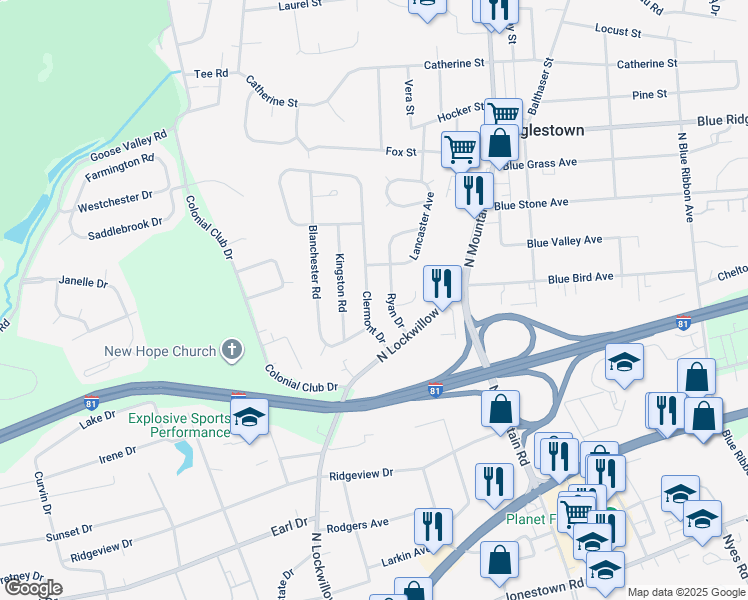 map of restaurants, bars, coffee shops, grocery stores, and more near 513 Clermont Drive in Harrisburg