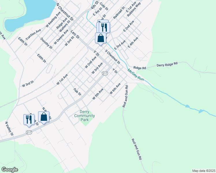 map of restaurants, bars, coffee shops, grocery stores, and more near 307 West 5th Avenue in Derry
