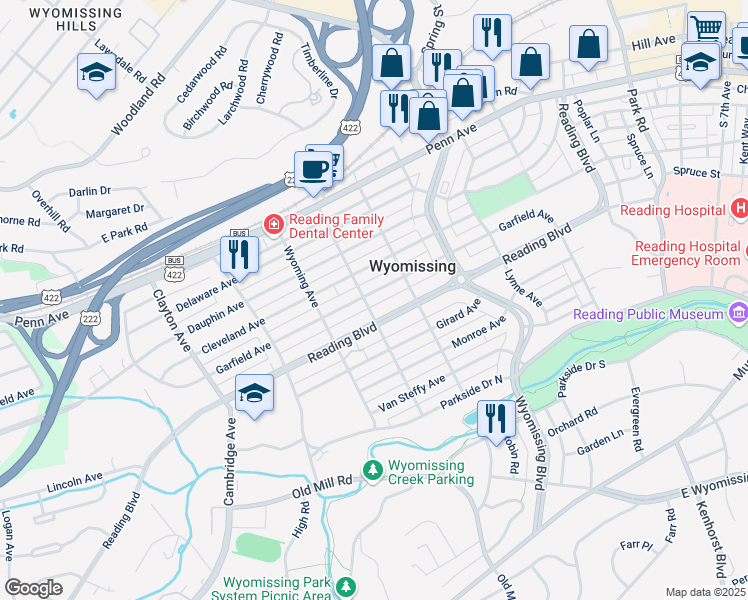 map of restaurants, bars, coffee shops, grocery stores, and more near 1336 Cleveland Avenue in Wyomissing